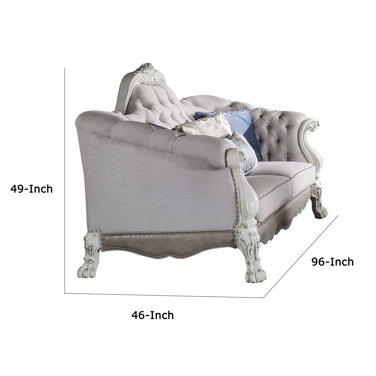Divano Ally, 7 cuscini decorativi, similpelle bianco osso classico, 96 pollici