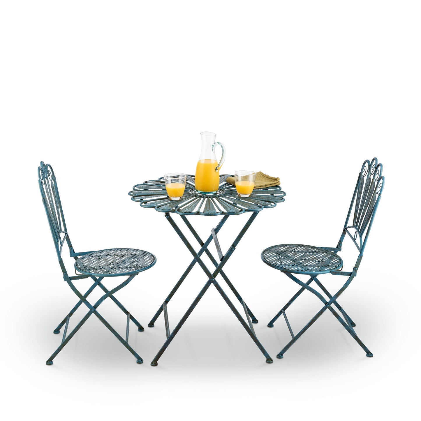 Set da bistrot in metallo rustico con piume di pavone, 3 pezzi, per interni/esterni, Alpine Corporation, seduta da patio, azzurro
