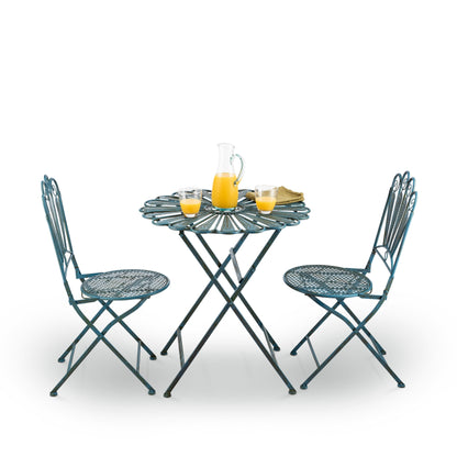 Set da bistrot in metallo rustico con piume di pavone, 3 pezzi, per interni/esterni, Alpine Corporation, seduta da patio, azzurro