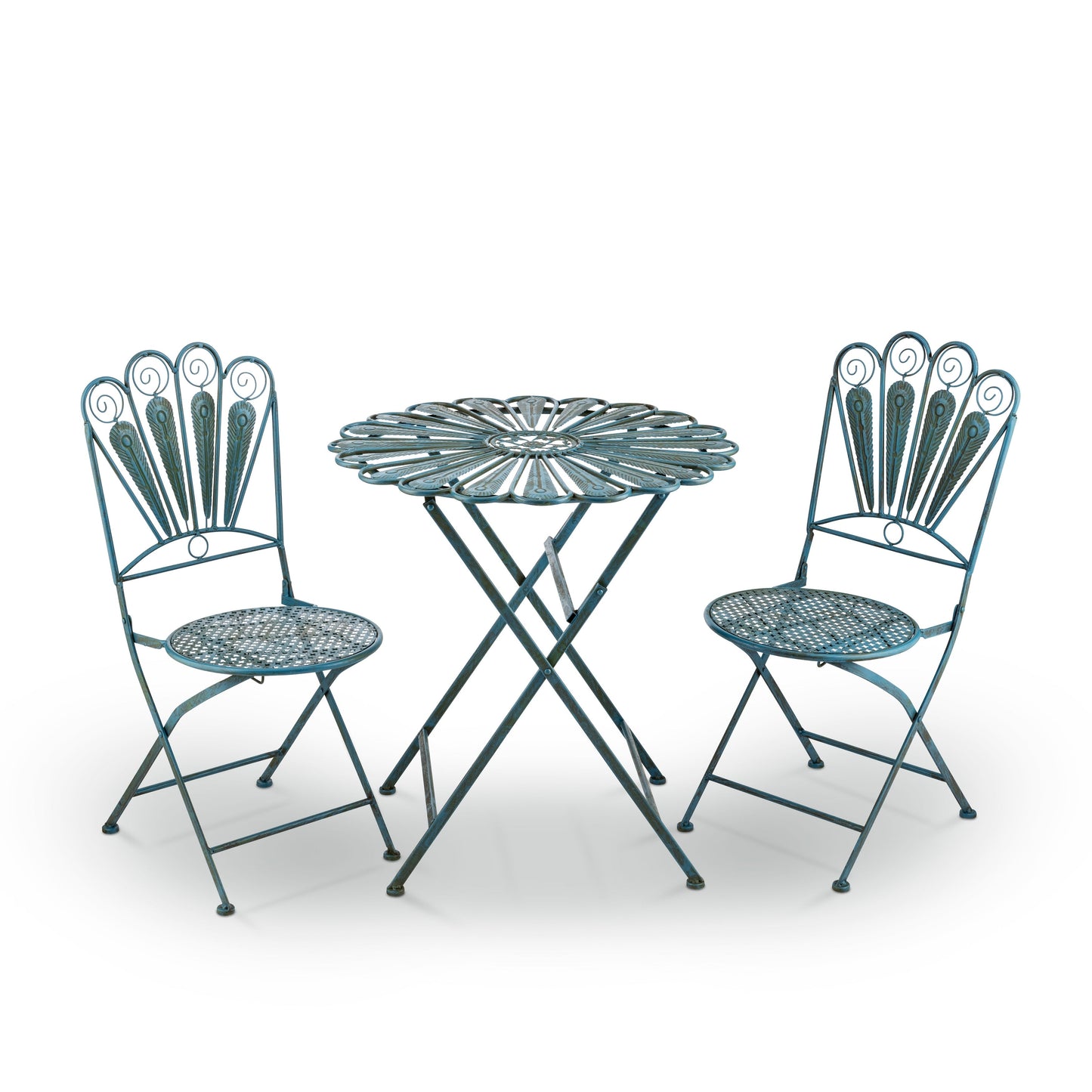 Set da bistrot in metallo rustico con piume di pavone, 3 pezzi, per interni/esterni, Alpine Corporation, seduta da patio, azzurro