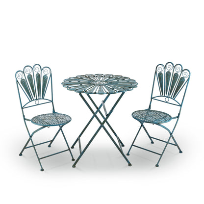 Set da bistrot in metallo rustico con piume di pavone, 3 pezzi, per interni/esterni, Alpine Corporation, seduta da patio, azzurro