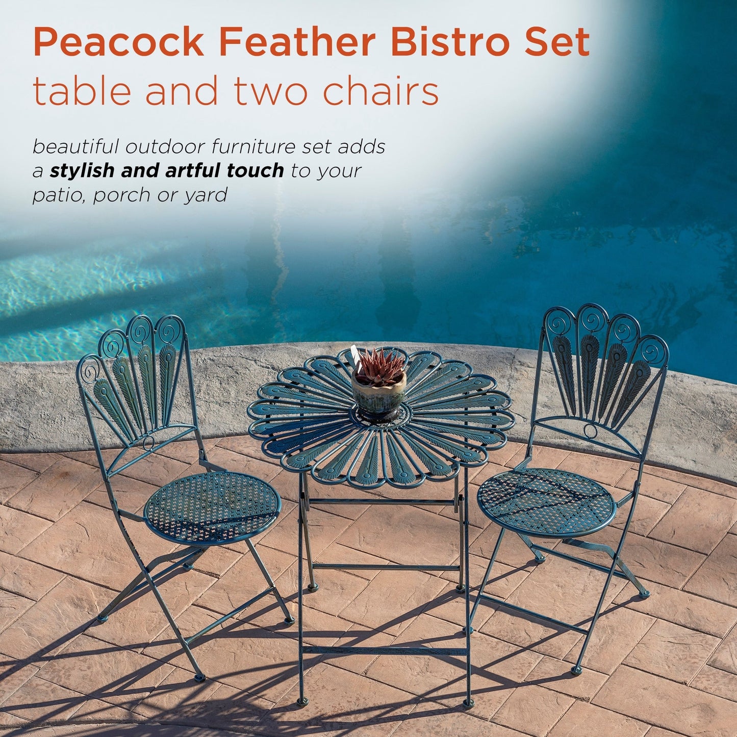 Set da bistrot in metallo rustico con piume di pavone, 3 pezzi, per interni/esterni, Alpine Corporation, seduta da patio, azzurro
