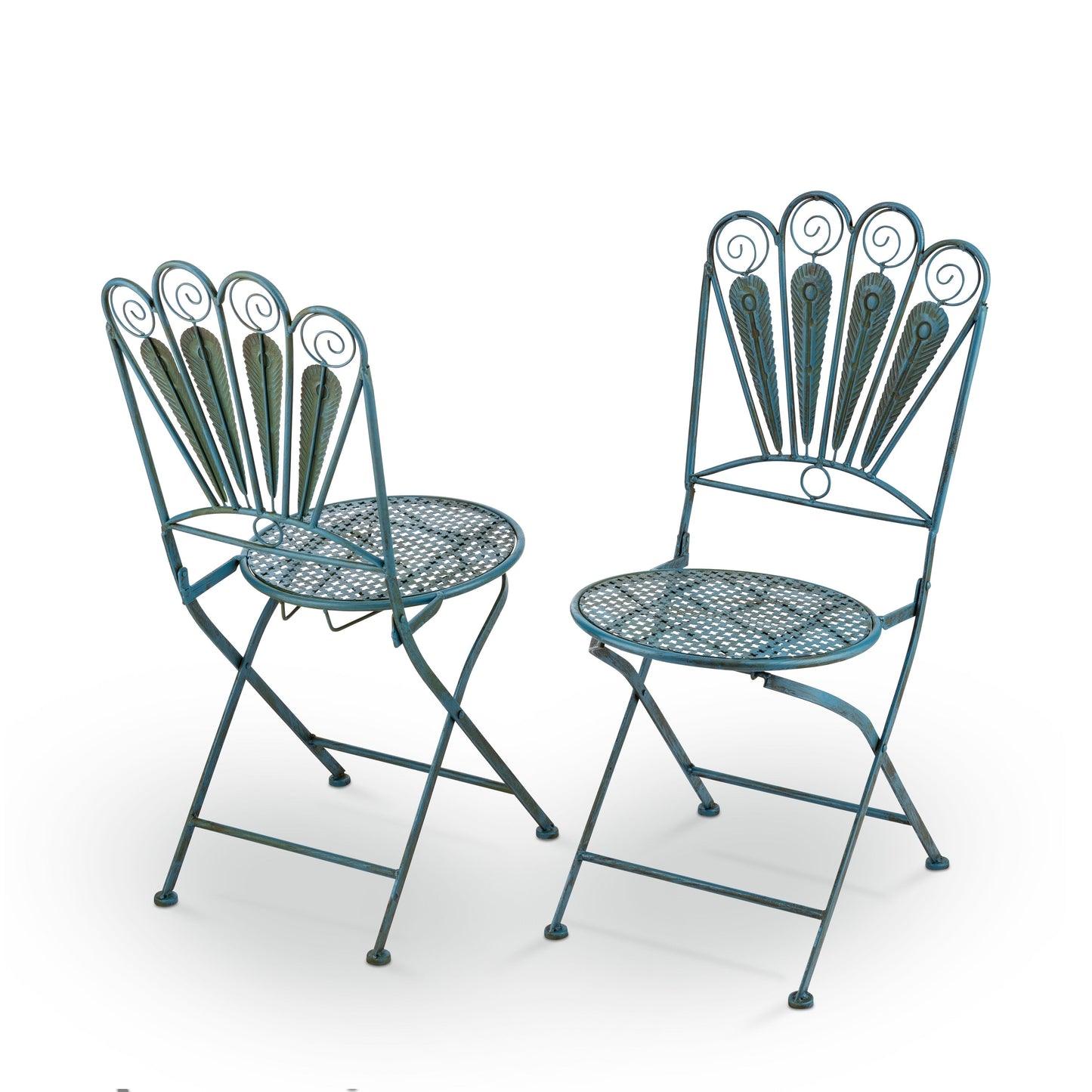 Set da bistrot in metallo rustico con piume di pavone, 3 pezzi, per interni/esterni, Alpine Corporation, seduta da patio, azzurro