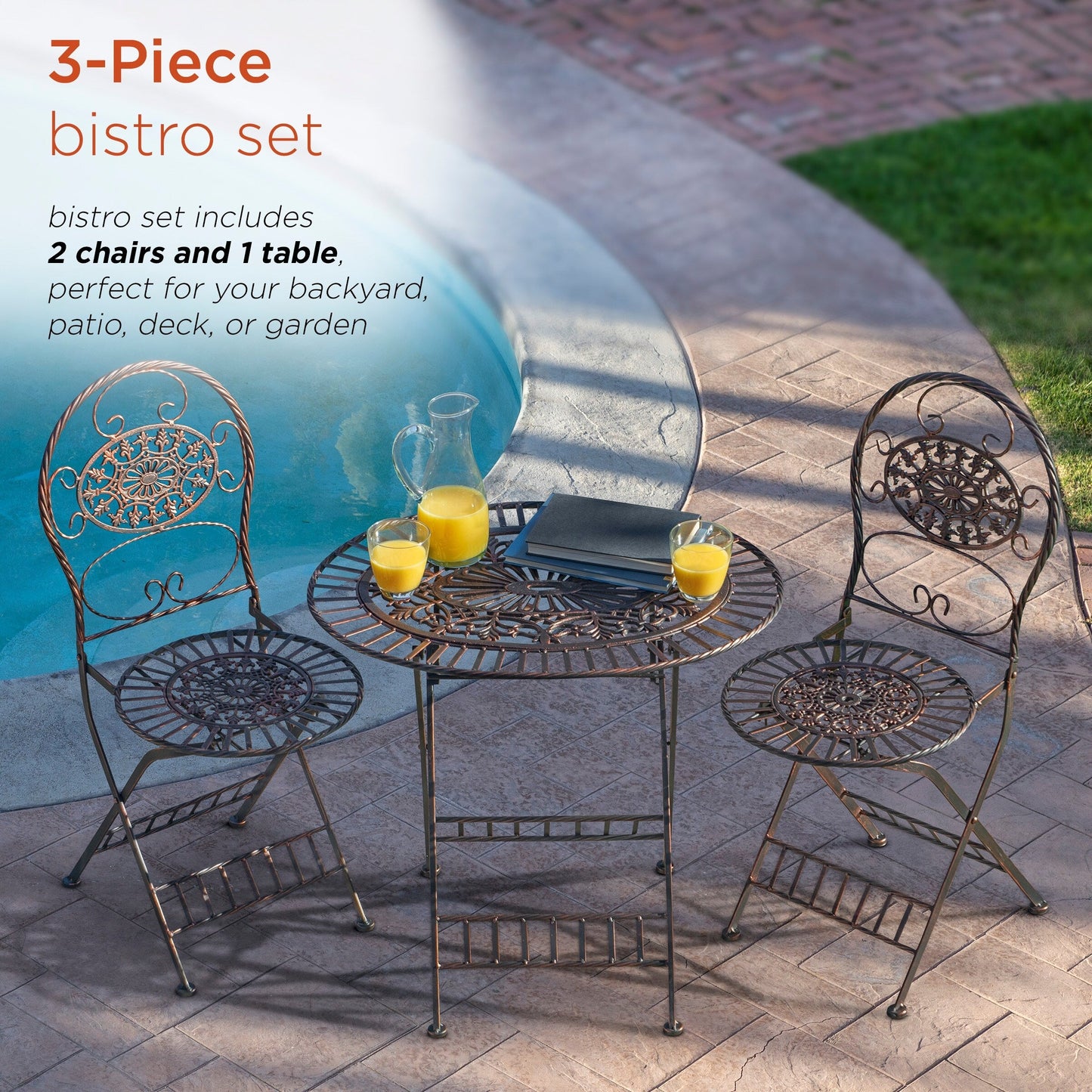 Alpine Corporation Set da bistrot ovale da interno/esterno, 3 pezzi, tavolo pieghevole e sedie, posti a sedere per patio, bronzo