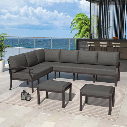 Set di divani angolari in alluminio, set di divani combinati per esterni da patio con braccioli e poggiapiedi