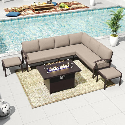 Set di divani angolari in alluminio, set di divani combinati per esterni da patio con braccioli e poggiapiedi