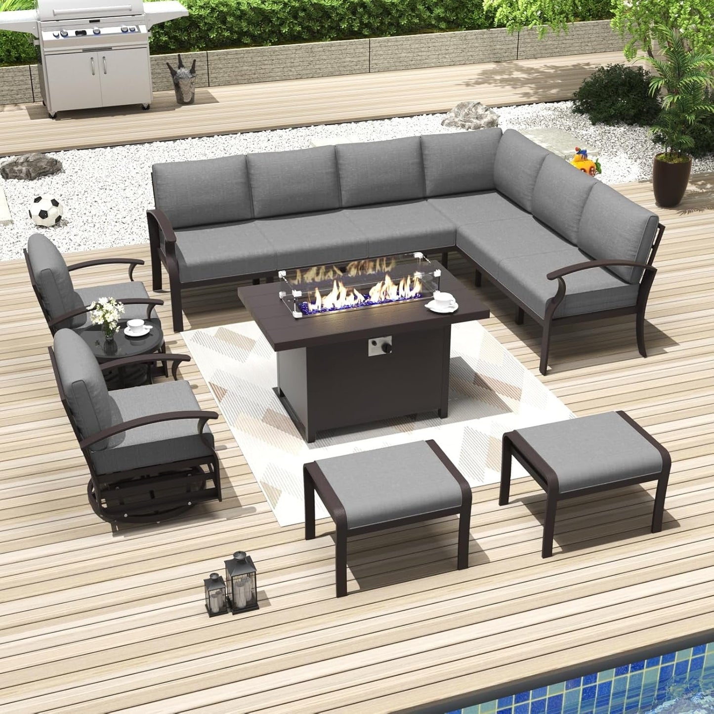 Set di divani angolari in alluminio, set di divani combinati per esterni da patio con braccioli e poggiapiedi