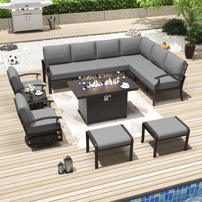 Set di divani angolari in alluminio, set di divani combinati per esterni da patio con braccioli e poggiapiedi