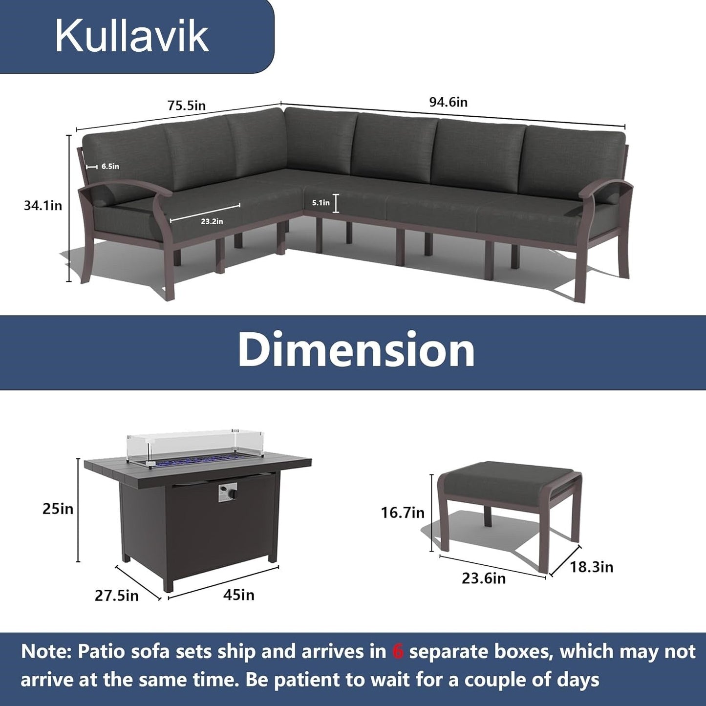 Set di divani angolari in alluminio, set di divani combinati per esterni da patio con braccioli e poggiapiedi