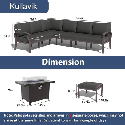 Set di divani angolari in alluminio, set di divani combinati per esterni da patio con braccioli e poggiapiedi