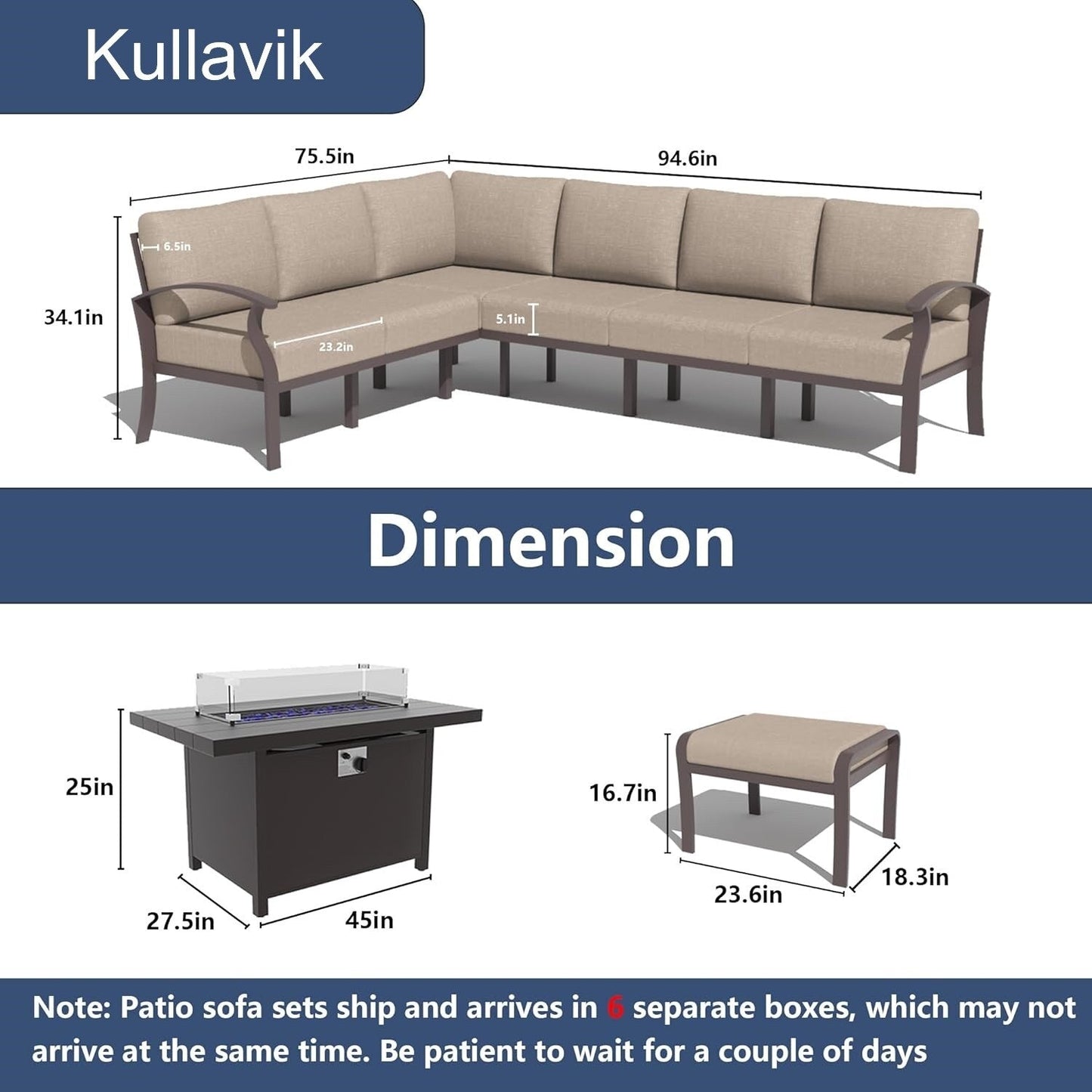 Set di divani angolari in alluminio, set di divani combinati per esterni da patio con braccioli e poggiapiedi