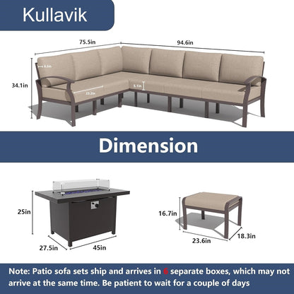 Set di divani angolari in alluminio, set di divani combinati per esterni da patio con braccioli e poggiapiedi