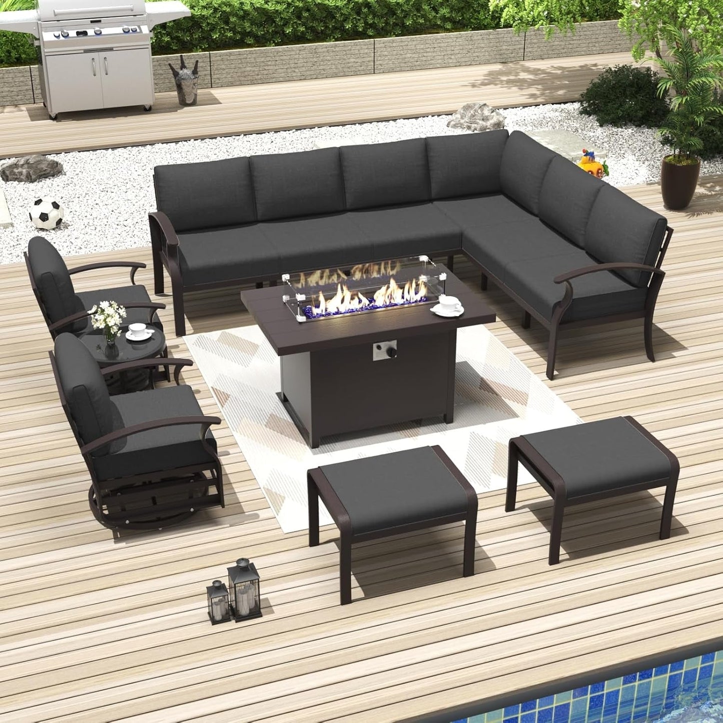 Set di divani angolari in alluminio, set di divani combinati per esterni da patio con braccioli e poggiapiedi