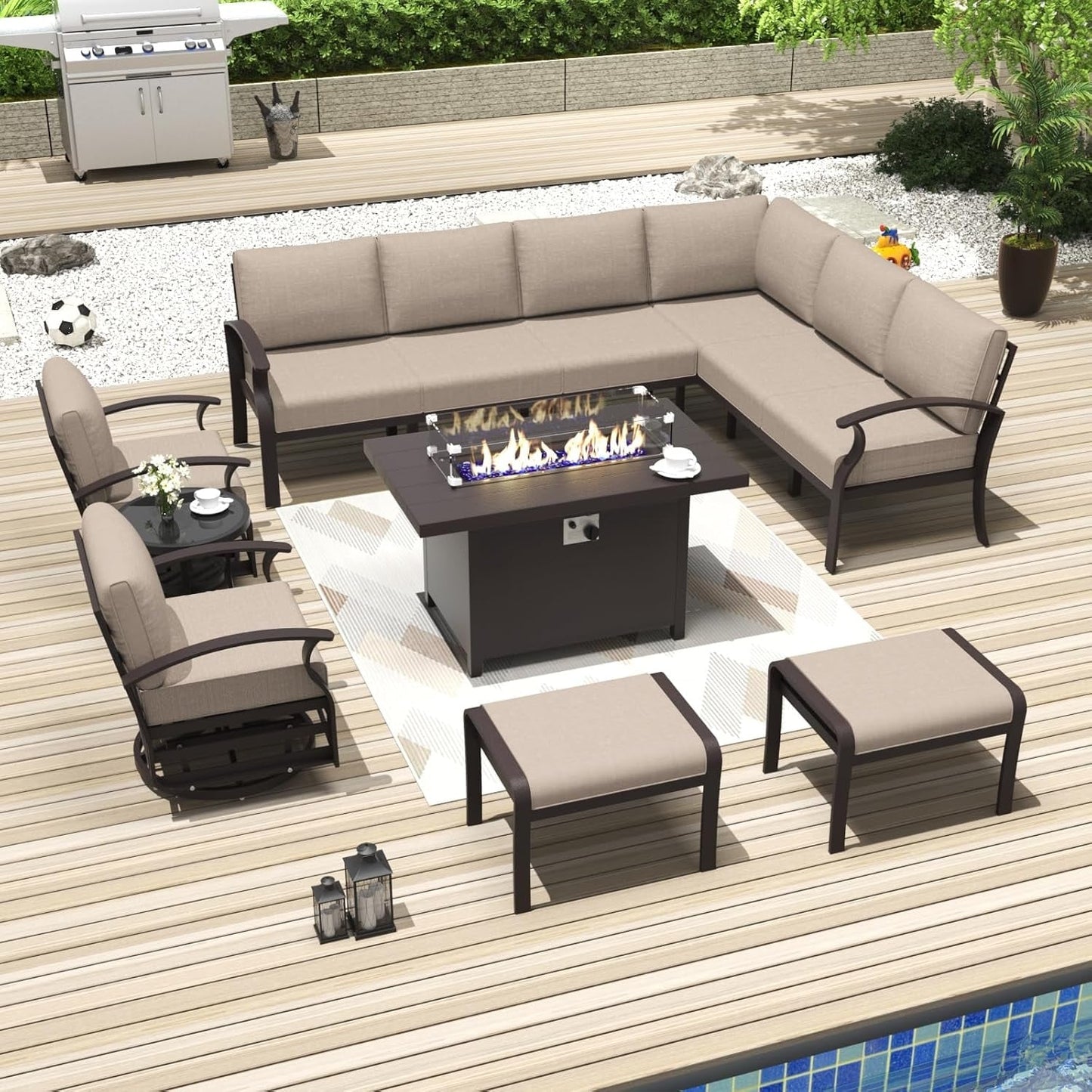 Set di divani angolari in alluminio, set di divani combinati per esterni da patio con braccioli e poggiapiedi