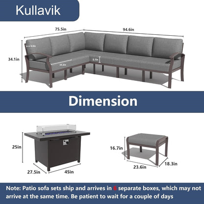 Set di divani angolari in alluminio, set di divani combinati per esterni da patio con braccioli e poggiapiedi