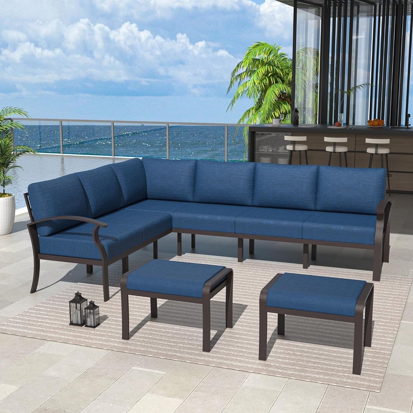 Set di divani angolari in alluminio, set di divani combinati per esterni da patio con braccioli e poggiapiedi