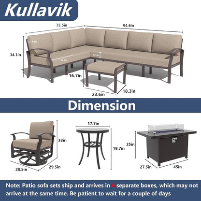 Set di divani angolari in alluminio, set di divani combinati per esterni da patio con braccioli e poggiapiedi