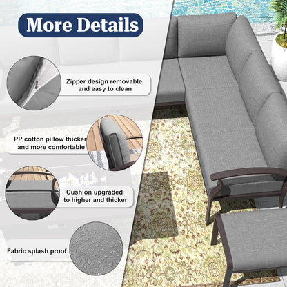 Set di divani angolari in alluminio, set di divani combinati per esterni da patio con braccioli e poggiapiedi
