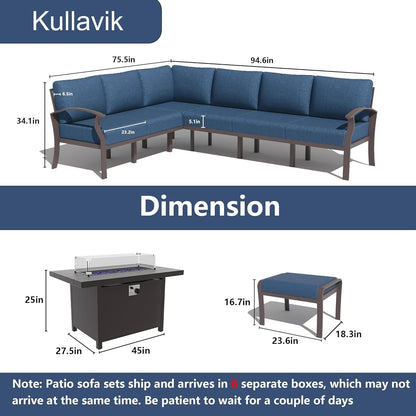 Set di divani angolari in alluminio, set di divani combinati per esterni da patio con braccioli e poggiapiedi