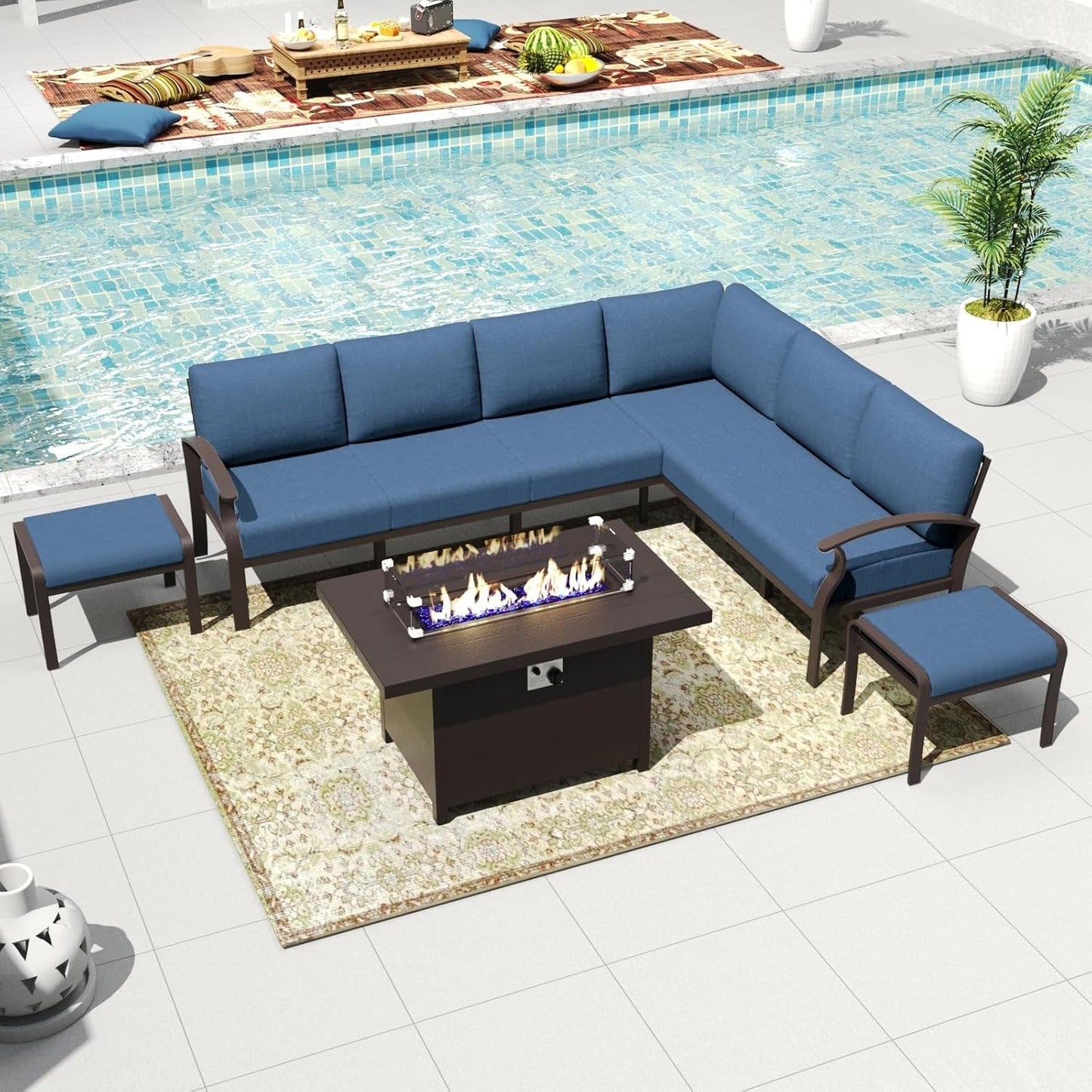 Set di divani angolari in alluminio, set di divani combinati per esterni da patio con braccioli e poggiapiedi