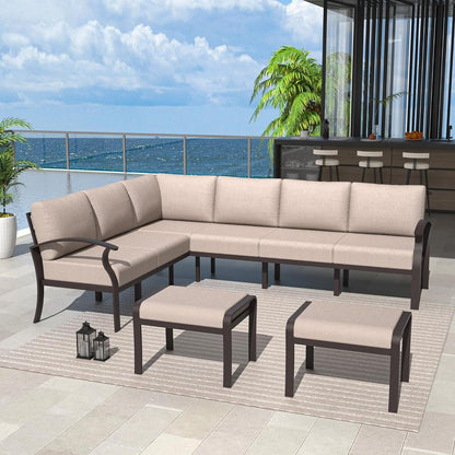 Set di divani angolari in alluminio, set di divani combinati per esterni da patio con braccioli e poggiapiedi