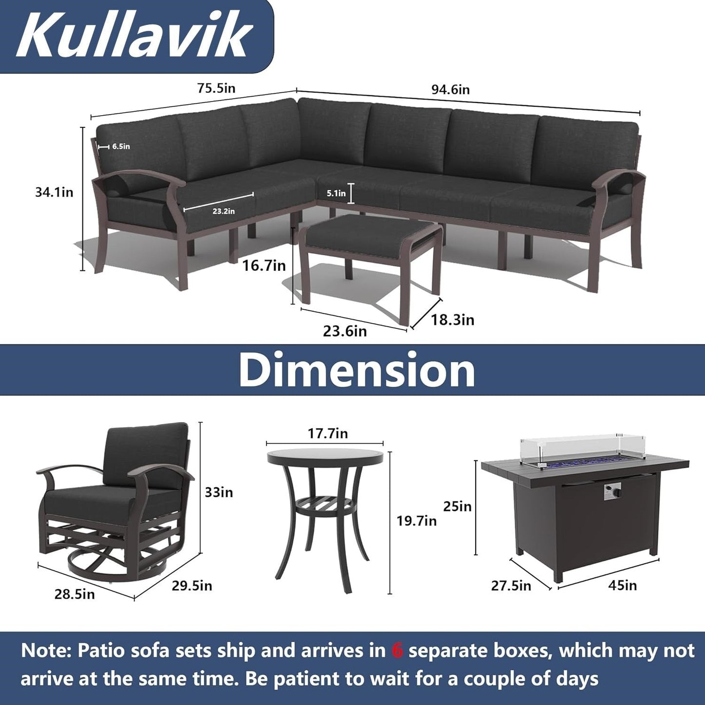 Set di divani angolari in alluminio, set di divani combinati per esterni da patio con braccioli e poggiapiedi