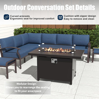 Set di divani angolari in alluminio, set di divani combinati per esterni da patio con braccioli e poggiapiedi