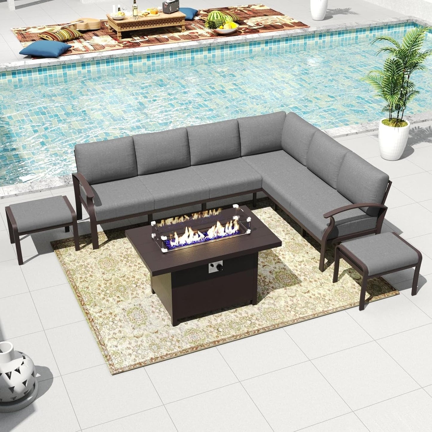 Set di divani angolari in alluminio, set di divani combinati per esterni da patio con braccioli e poggiapiedi