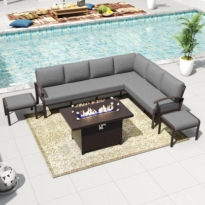 Set di divani angolari in alluminio, set di divani combinati per esterni da patio con braccioli e poggiapiedi