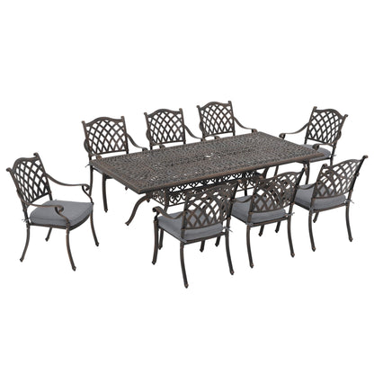 Set da pranzo rettangolare da esterno in alluminio da 9 pezzi con cuscini e foro per ombrellone
