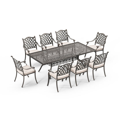 Set da pranzo rettangolare da esterno in alluminio da 9 pezzi con cuscini e foro per ombrellone
