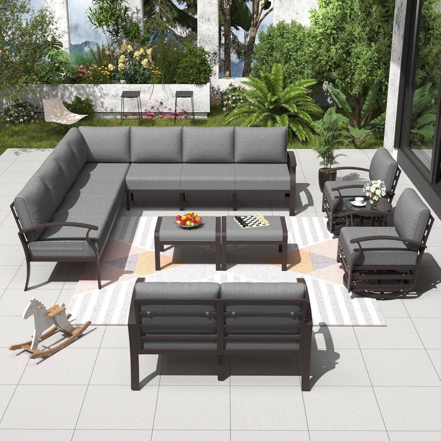 Set di divani angolari in alluminio, set di divani combinati per esterni da patio con braccioli e poggiapiedi