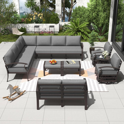 Set di divani angolari in alluminio, set di divani combinati per esterni da patio con braccioli e poggiapiedi