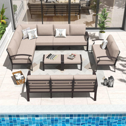 Set di divani angolari in alluminio, set di divani combinati per esterni da patio con braccioli e poggiapiedi