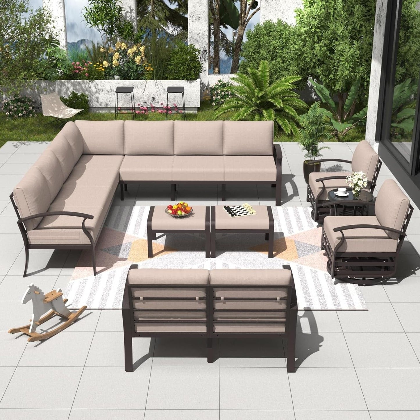 Set di divani angolari in alluminio, set di divani combinati per esterni da patio con braccioli e poggiapiedi