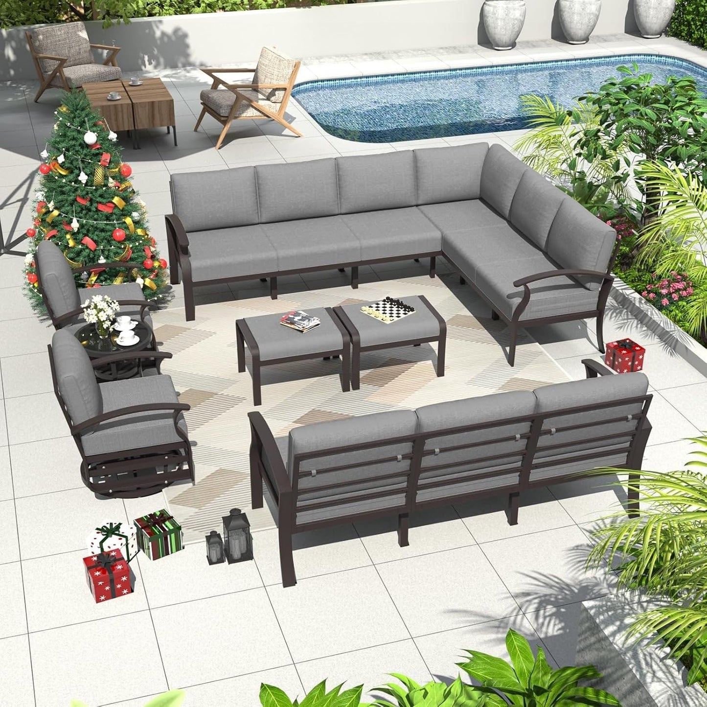 Set di divani angolari in alluminio, set di divani combinati per esterni da patio con braccioli e poggiapiedi
