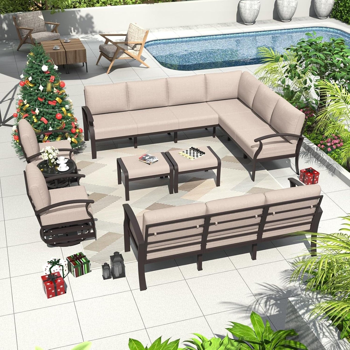 Set di divani angolari in alluminio, set di divani combinati per esterni da patio con braccioli e poggiapiedi