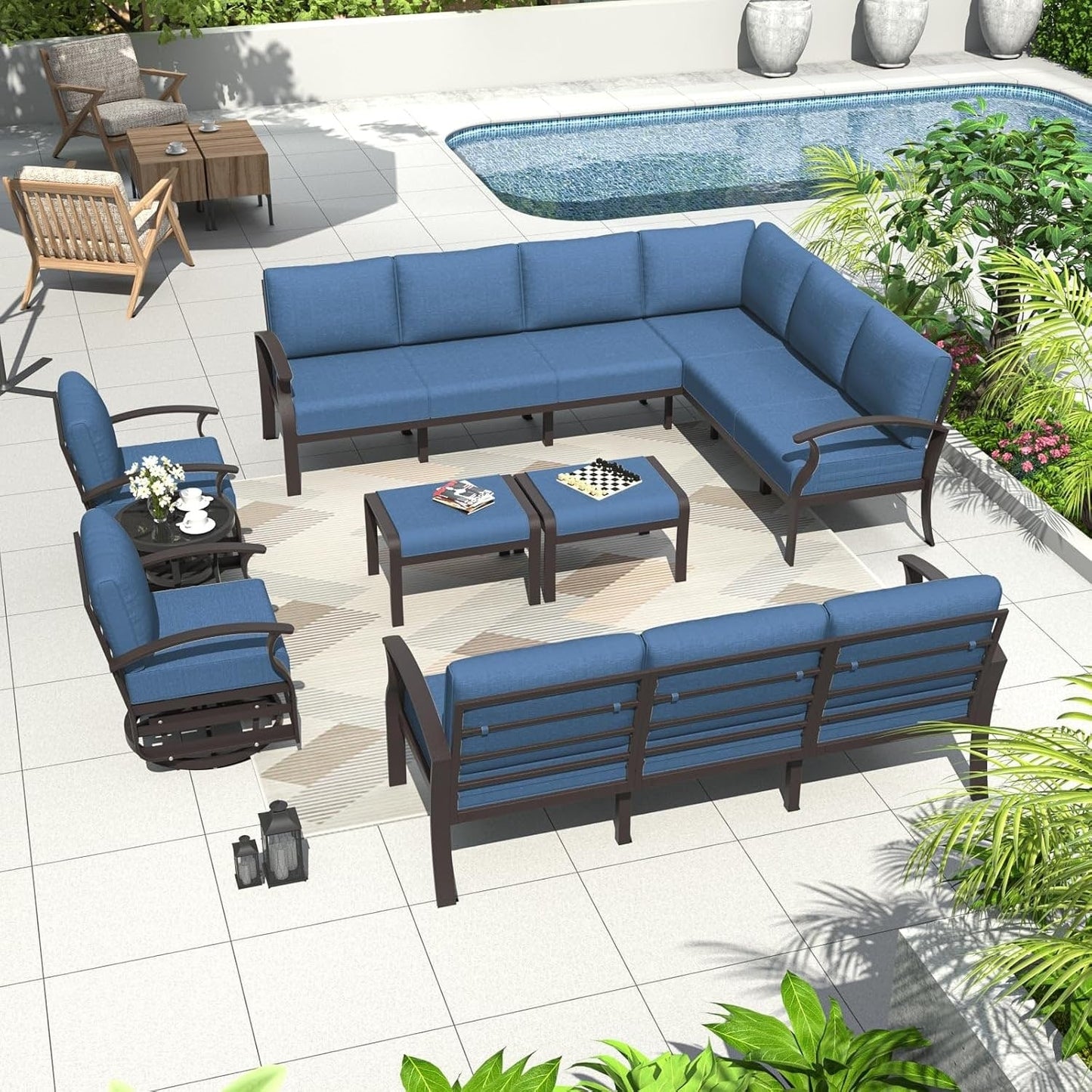 Set di divani angolari in alluminio, set di divani combinati per esterni da patio con braccioli e poggiapiedi