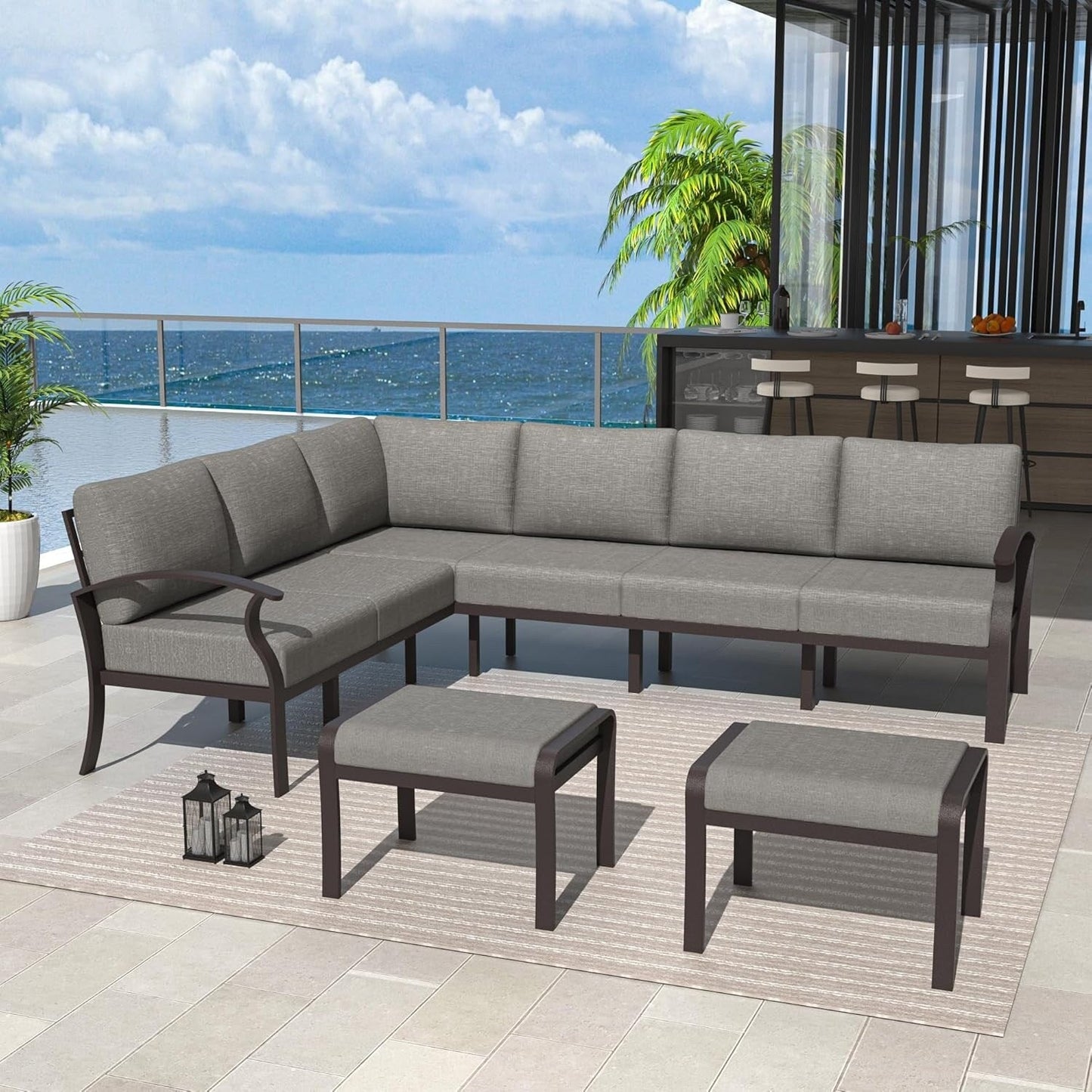 Set di divani angolari in alluminio, set di divani combinati per esterni da patio con braccioli e poggiapiedi