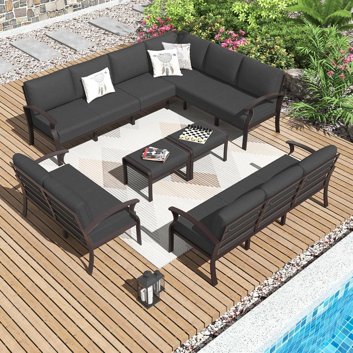 Set di divani angolari in alluminio, set di divani combinati per esterni da patio con braccioli e poggiapiedi