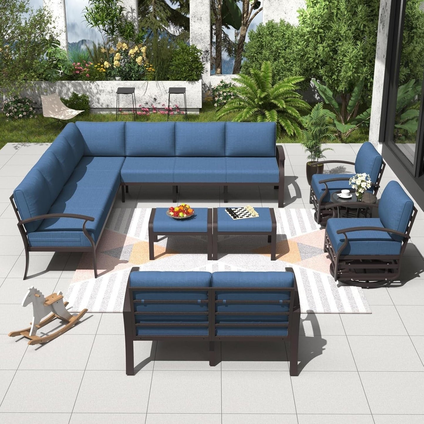 Set di divani angolari in alluminio, set di divani combinati per esterni da patio con braccioli e poggiapiedi