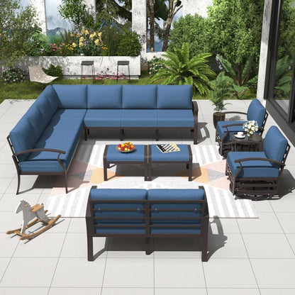 Set di divani angolari in alluminio, set di divani combinati per esterni da patio con braccioli e poggiapiedi