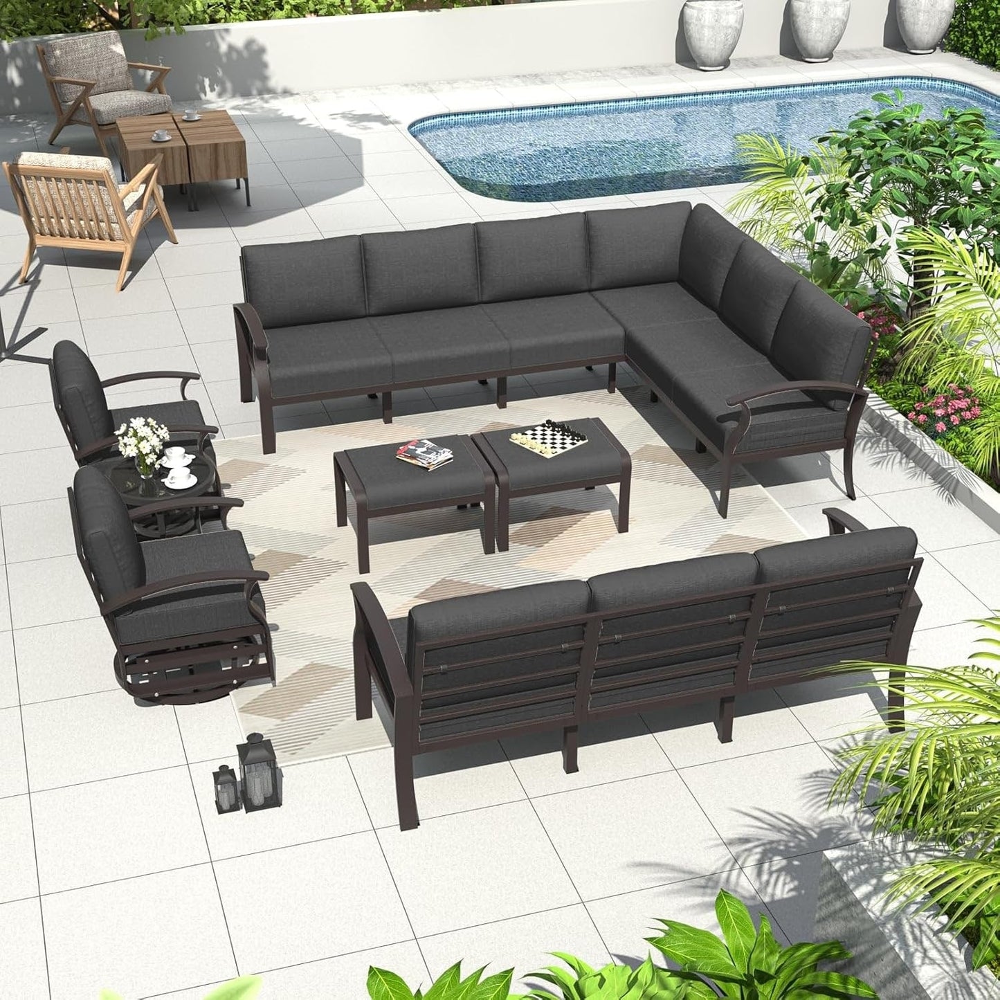 Set di divani angolari in alluminio, set di divani combinati per esterni da patio con braccioli e poggiapiedi