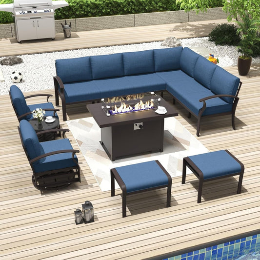 Set di divani angolari in alluminio, set di divani combinati per esterni da patio con braccioli e poggiapiedi