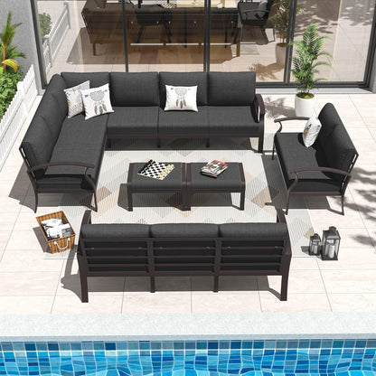 Set di divani angolari in alluminio, set di divani combinati per esterni da patio con braccioli e poggiapiedi