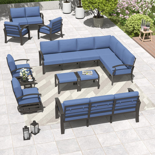 Set di mobili da giardino in alluminio con braciere, pouf, sedie girevoli, divano componibile con cuscini spessi per veranda e giardino