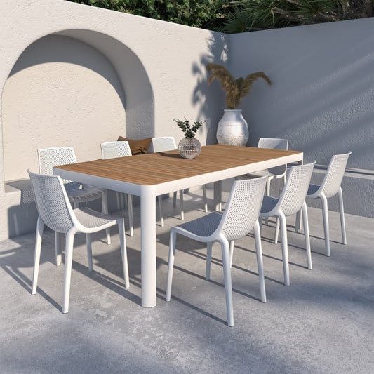 Set da pranzo per esterni da 9 pezzi in legno certificato FSC Amazonia Isra