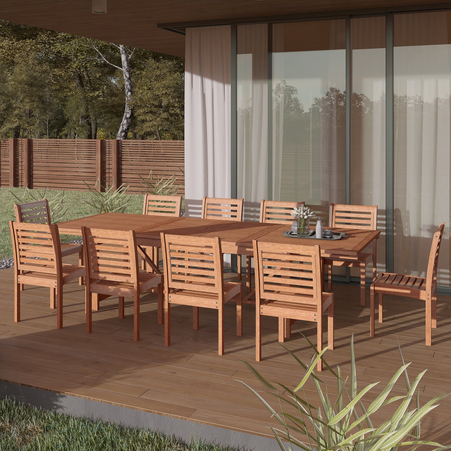 Set da pranzo estensibile per patio esterno in legno certificato FSC Amazonia Nadia