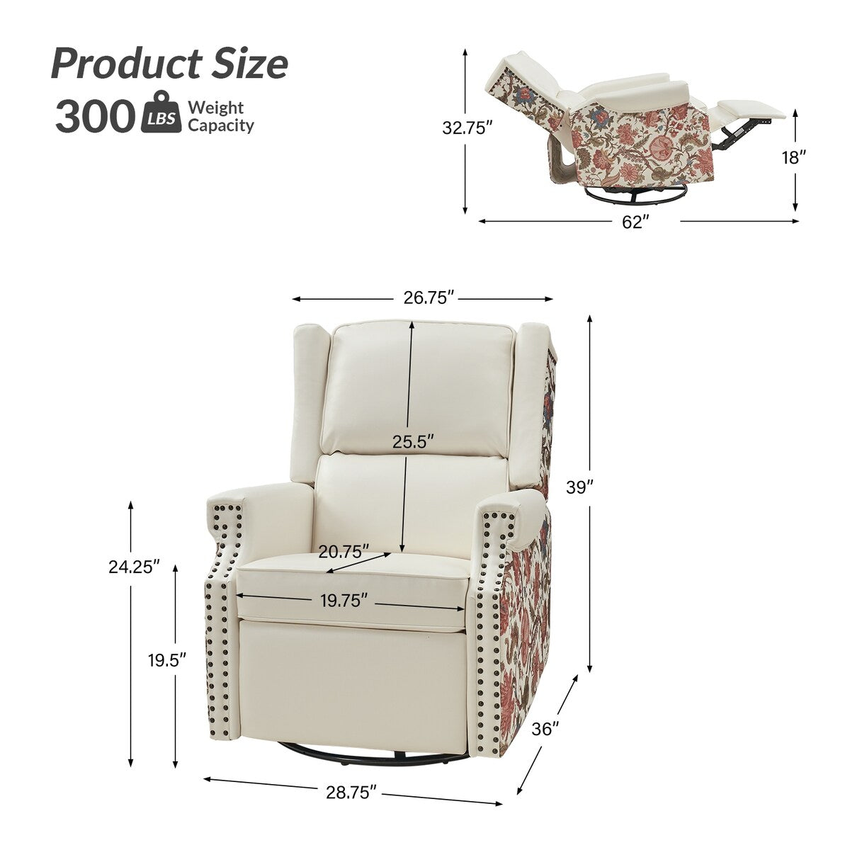 Poltrona reclinabile girevole Amelia Transitional in pelle PU con cuciture floreali di HULALA HOME