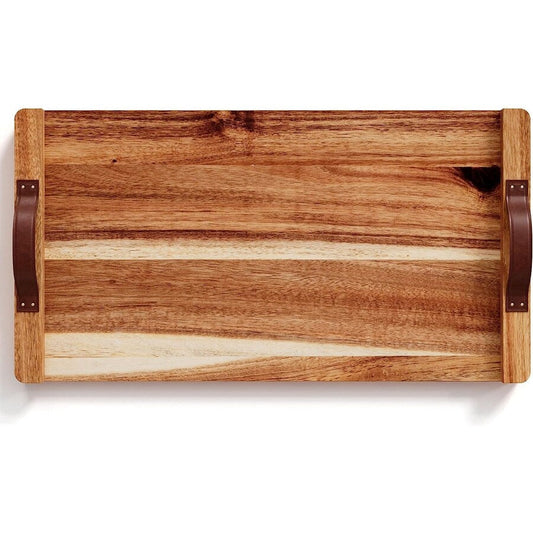 Vassoio rettangolare in legno di acacia American Atelier con manico in pelle - 18 x 9